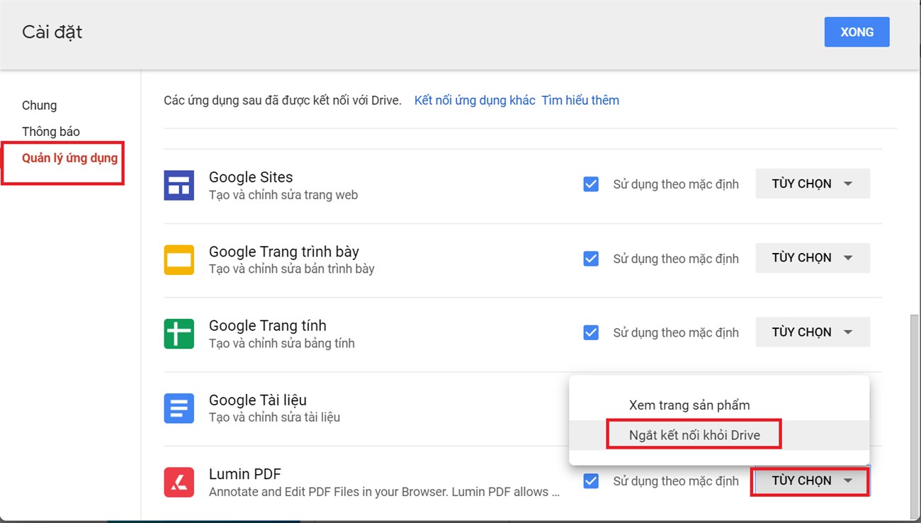 Thao tác kết nối và ngắt kết nối với Google Drive đơn giản